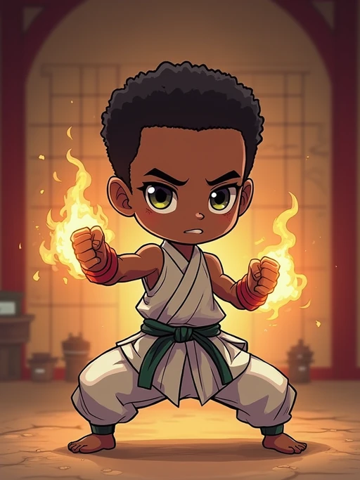 The model as a chibi martial artist, striking a pose with a glowing aura, wearing if(gender=f){a mini gi with a big belt} if(gender=m){a sleeveless outfit with a determined face}. The background is a classic anime dojo. The style is in cute chibi anime illustration.