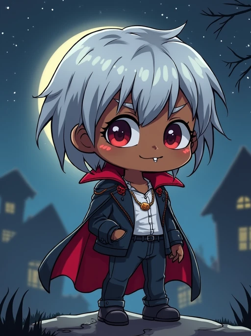 The model as a chibi vampire with tiny fangs and a mischievous smile, wearing if(gender=f){a gothic dress with lace and ribbons} if(gender=m){a little vampire cloak and silver hair}. The setting is a moonlit graveyard. The style is in cute chibi anime illustration.