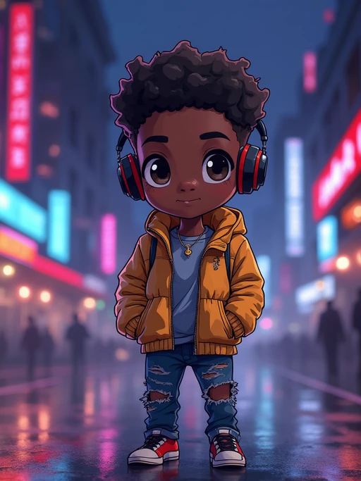 The model as a chibi streetwear character, wearing if(gender=f){an oversized hoodie, sneakers, and a cute cap} if(gender=m){a trendy jacket, ripped jeans, and headphones}. The background is a neon-lit city at night. The style is in cute chibi anime illustration.