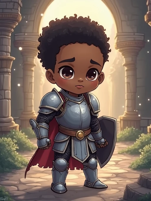 The model as a chibi fantasy warrior, dressed in if(gender=f){a magical sorceress robe with floating orbs} if(gender=m){a knight's armor with a tiny shield}. The setting is a magical castle with sparkles. The style is in cute chibi anime illustration.