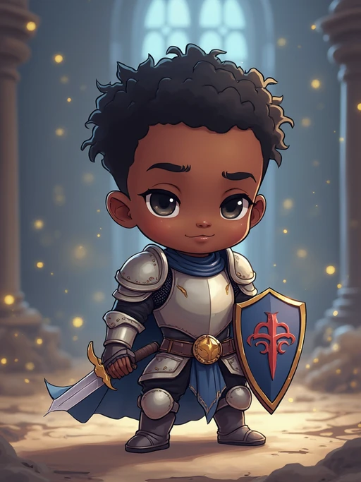The model as a chibi fantasy warrior, dressed in if(gender=f){a magical sorceress robe with floating orbs} if(gender=m){a knight's armor with a tiny shield}. The setting is a magical castle with sparkles. The style is in cute chibi anime illustration.