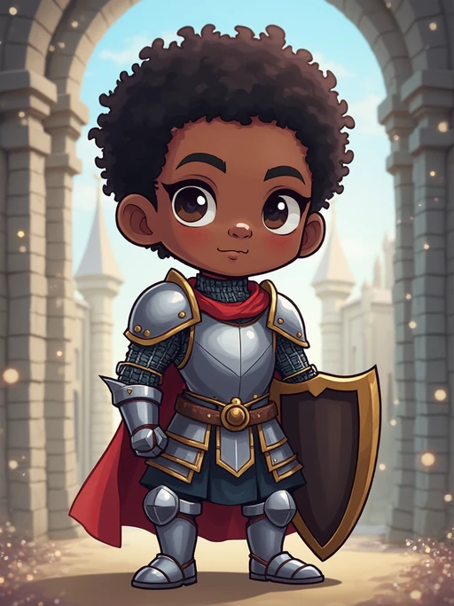 The model as a chibi fantasy warrior, dressed in if(gender=f){a magical sorceress robe with floating orbs} if(gender=m){a knight's armor with a tiny shield}. The setting is a magical castle with sparkles. The style is in cute chibi anime illustration.