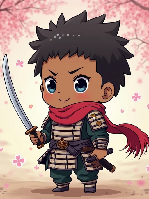 The model as a chibi samurai, holding a tiny katana, wearing if(gender=f){a colorful kimono with floral patterns and a big bow} if(gender=m){a small samurai armor with a red scarf}. The background features falling cherry blossoms. The style is in cute chibi anime illustration.