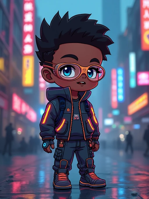 The model as a chibi cyberpunk explorer, with neon highlights and a tiny visor, wearing if(gender=f){a futuristic bodysuit with glowing accents} if(gender=m){a tech jacket with neon stripes and goggles}. The background is a mini cityscape with glowing signs. The style is in cute chibi anime illustration.