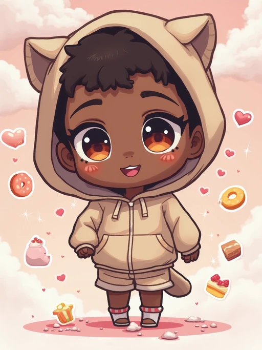 A chibi version of the model with huge sparkling eyes and a playful expression, wearing if(gender=f){a pastel hoodie with animal ears and a pleated skirt} if(gender=m){a baggy hoodie with animal ears and shorts}. Surrounded by floating sweets and soft clouds. The style is in cute chibi anime illustration.