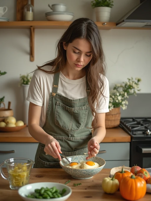 model in kitchen making breakfast, wearing if(gender=f){vintage apron over casual outfit} if(gender=m){comfortable sweater}, fresh ingredients and flowers on counter, soft morning light, slow living aesthetic