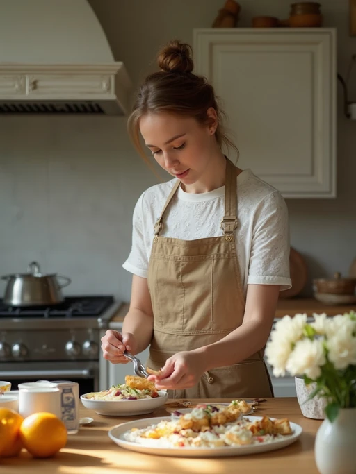 model in kitchen making breakfast, wearing if(gender=f){vintage apron over casual outfit} if(gender=m){comfortable sweater}, fresh ingredients and flowers on counter, soft morning light, slow living aesthetic