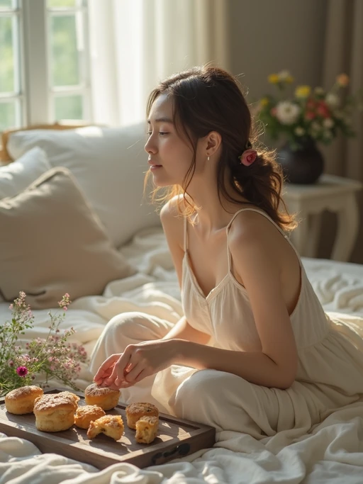 model having picnic in bedroom, wearing if(gender=f){flowy linen dress} if(gender=m){casual linen shirt and shorts}, fresh pastries and flowers on vintage tray, soft natural lighting, dreamy aesthetic