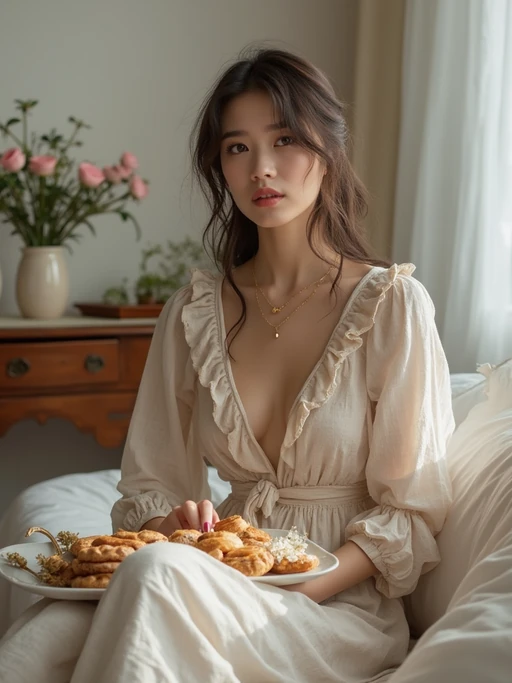 model having picnic in bedroom, wearing if(gender=f){flowy linen dress} if(gender=m){casual linen shirt and shorts}, fresh pastries and flowers on vintage tray, soft natural lighting, dreamy aesthetic