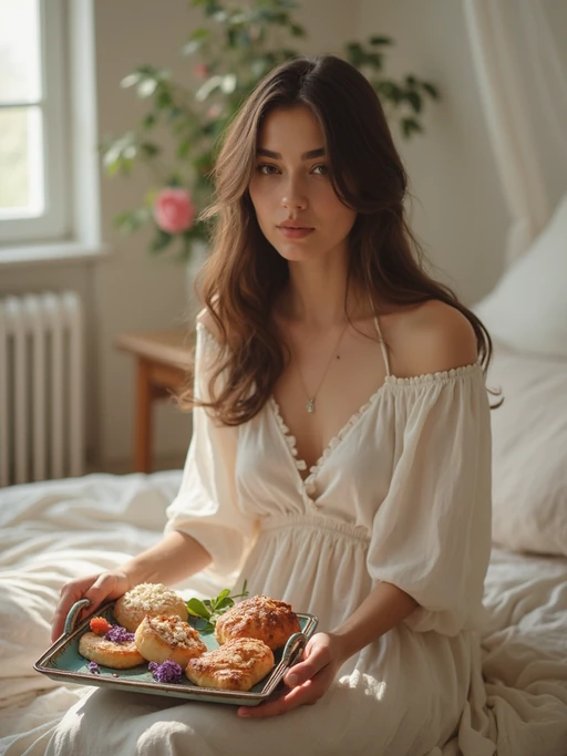 model having picnic in bedroom, wearing if(gender=f){flowy linen dress} if(gender=m){casual linen shirt and shorts}, fresh pastries and flowers on vintage tray, soft natural lighting, dreamy aesthetic