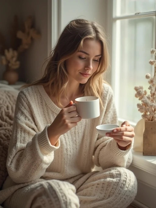 model in cozy morning routine, wearing if(gender=f){oversized cream sweater and soft pajama pants} if(gender=m){warm knit sweater and comfortable loungewear}, holding steaming coffee mug, soft natural lighting streaming through window, peaceful expression, hygge aesthetic