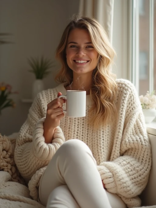 model in cozy morning routine, wearing if(gender=f){oversized cream sweater and soft pajama pants} if(gender=m){warm knit sweater and comfortable loungewear}, holding steaming coffee mug, soft natural lighting streaming through window, peaceful expression, hygge aesthetic