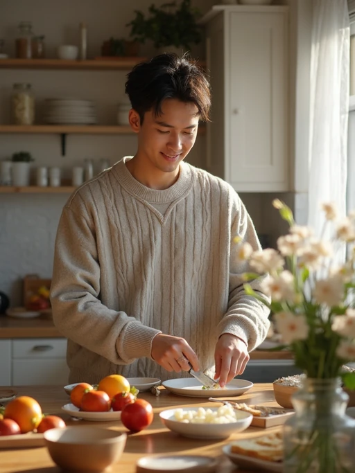 model in kitchen making breakfast, wearing if(gender=f){vintage apron over casual outfit} if(gender=m){comfortable sweater}, fresh ingredients and flowers on counter, soft morning light, slow living aesthetic