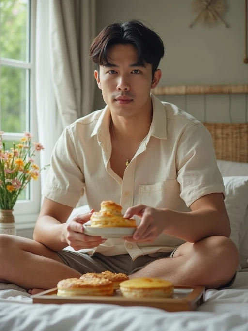 model having picnic in bedroom, wearing if(gender=f){flowy linen dress} if(gender=m){casual linen shirt and shorts}, fresh pastries and flowers on vintage tray, soft natural lighting, dreamy aesthetic
