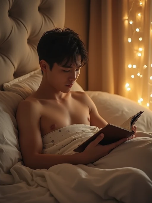model reading book in bed, wearing if(gender=f){silk pajama set} if(gender=m){comfortable cotton sleepwear}, surrounded by soft pillows and blankets, fairy lights in background, golden hour lighting, peaceful weekend morning