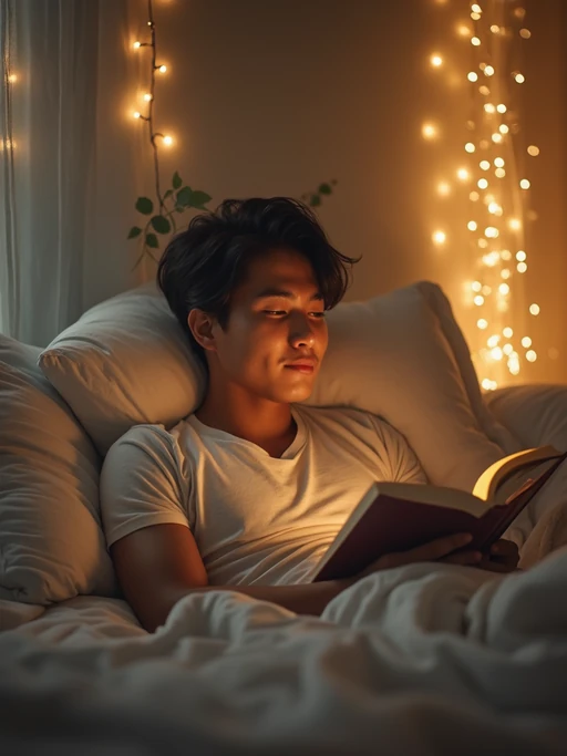 model reading book in bed, wearing if(gender=f){silk pajama set} if(gender=m){comfortable cotton sleepwear}, surrounded by soft pillows and blankets, fairy lights in background, golden hour lighting, peaceful weekend morning