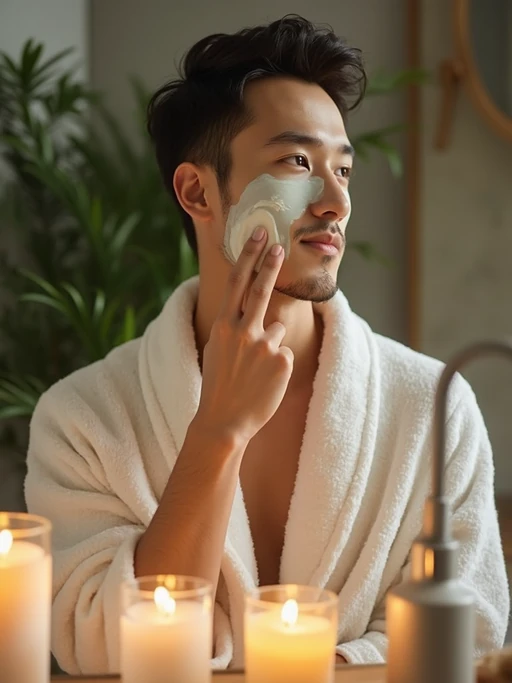 model doing skincare routine in bathroom, wearing if(gender=f){plush white robe} if(gender=m){soft cotton bathrobe}, applying face mask, surrounded by candles and plants, gentle morning light, serene spa-like atmosphere