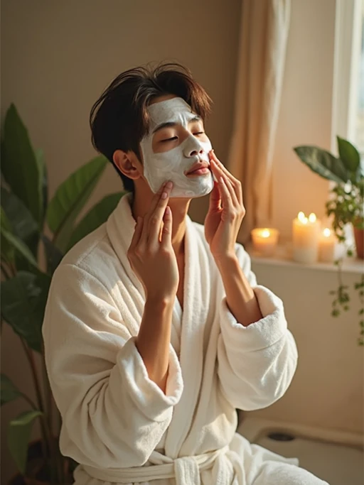 model doing skincare routine in bathroom, wearing if(gender=f){plush white robe} if(gender=m){soft cotton bathrobe}, applying face mask, surrounded by candles and plants, gentle morning light, serene spa-like atmosphere