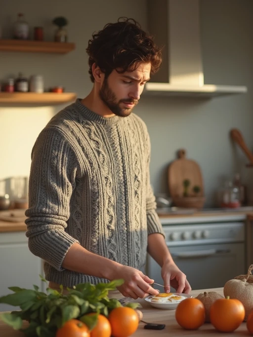 model in kitchen making breakfast, wearing if(gender=f){vintage apron over casual outfit} if(gender=m){comfortable sweater}, fresh ingredients and flowers on counter, soft morning light, slow living aesthetic