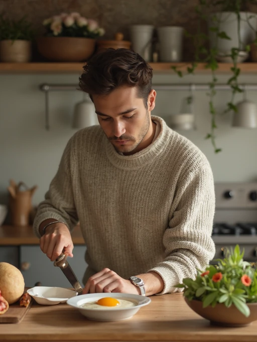 model in kitchen making breakfast, wearing if(gender=f){vintage apron over casual outfit} if(gender=m){comfortable sweater}, fresh ingredients and flowers on counter, soft morning light, slow living aesthetic