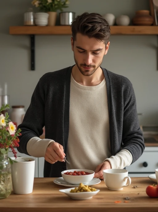 model in kitchen making breakfast, wearing if(gender=f){vintage apron over casual outfit} if(gender=m){comfortable sweater}, fresh ingredients and flowers on counter, soft morning light, slow living aesthetic