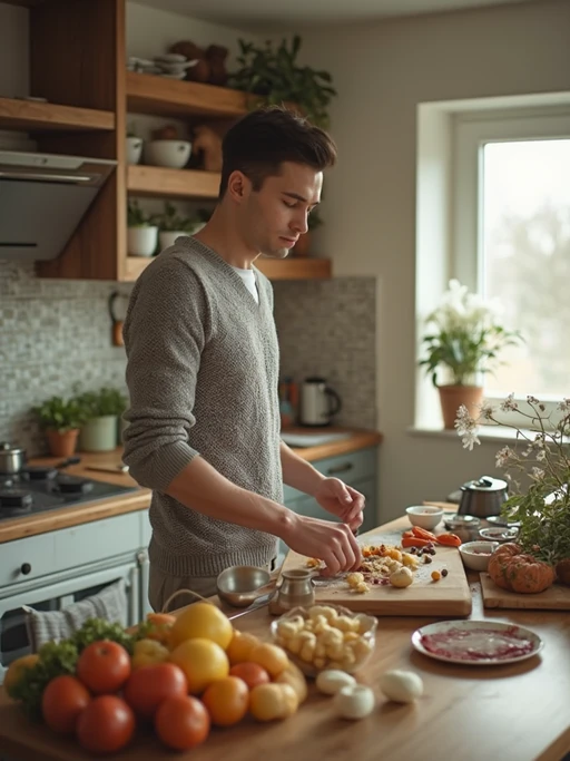model in kitchen making breakfast, wearing if(gender=f){vintage apron over casual outfit} if(gender=m){comfortable sweater}, fresh ingredients and flowers on counter, soft morning light, slow living aesthetic