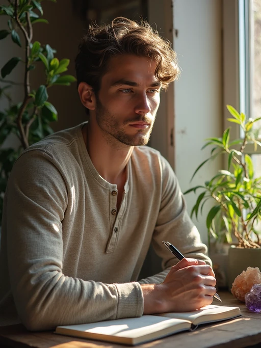 model journaling by window, wearing if(gender=f){cozy cardigan over tank top} if(gender=m){soft henley shirt}, vintage journal and pen, plants and crystals nearby, warm afternoon light, mindful moment