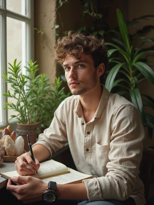 model journaling by window, wearing if(gender=f){cozy cardigan over tank top} if(gender=m){soft henley shirt}, vintage journal and pen, plants and crystals nearby, warm afternoon light, mindful moment