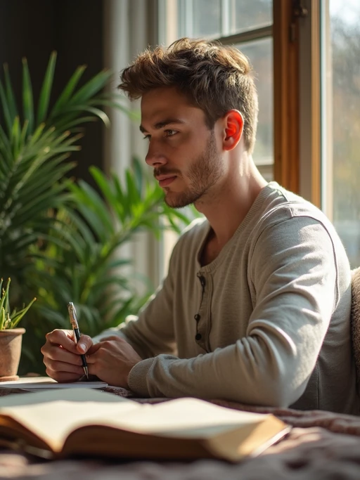 model journaling by window, wearing if(gender=f){cozy cardigan over tank top} if(gender=m){soft henley shirt}, vintage journal and pen, plants and crystals nearby, warm afternoon light, mindful moment