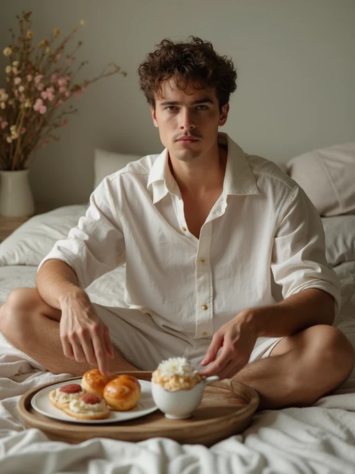 model having picnic in bedroom, wearing if(gender=f){flowy linen dress} if(gender=m){casual linen shirt and shorts}, fresh pastries and flowers on vintage tray, soft natural lighting, dreamy aesthetic