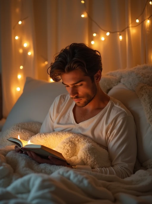 model reading book in bed, wearing if(gender=f){silk pajama set} if(gender=m){comfortable cotton sleepwear}, surrounded by soft pillows and blankets, fairy lights in background, golden hour lighting, peaceful weekend morning