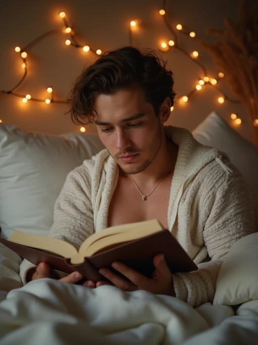 model reading book in bed, wearing if(gender=f){silk pajama set} if(gender=m){comfortable cotton sleepwear}, surrounded by soft pillows and blankets, fairy lights in background, golden hour lighting, peaceful weekend morning