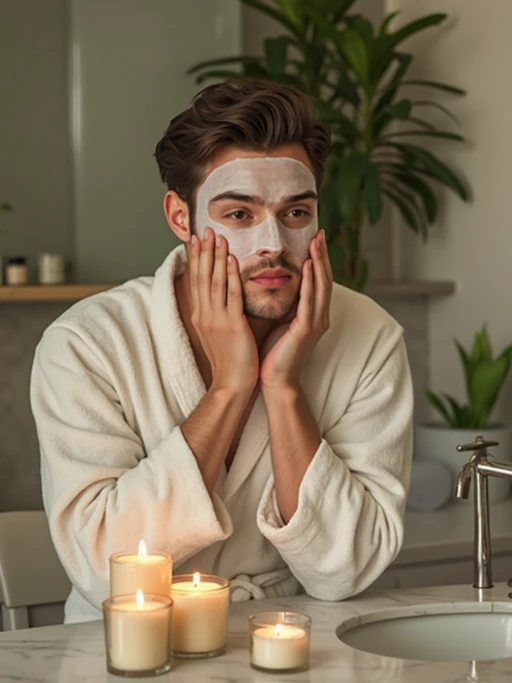 model doing skincare routine in bathroom, wearing if(gender=f){plush white robe} if(gender=m){soft cotton bathrobe}, applying face mask, surrounded by candles and plants, gentle morning light, serene spa-like atmosphere