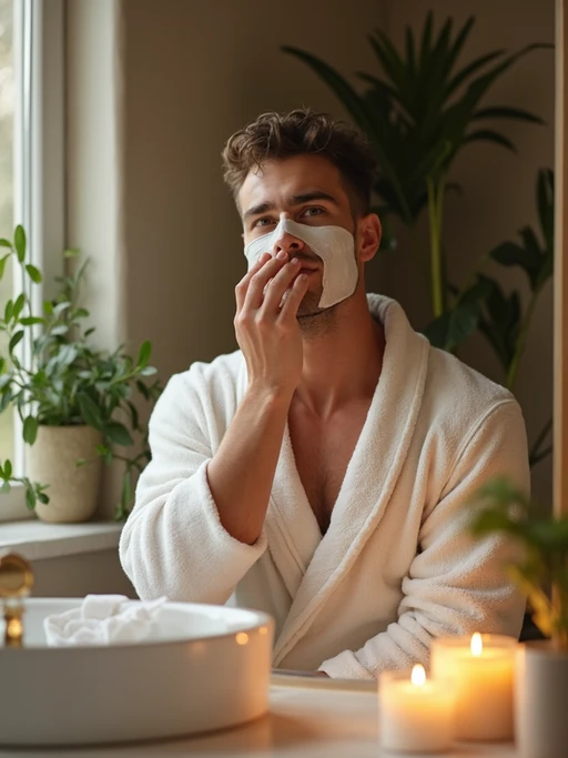 model doing skincare routine in bathroom, wearing if(gender=f){plush white robe} if(gender=m){soft cotton bathrobe}, applying face mask, surrounded by candles and plants, gentle morning light, serene spa-like atmosphere