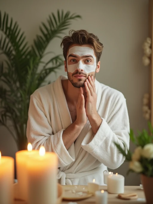 model doing skincare routine in bathroom, wearing if(gender=f){plush white robe} if(gender=m){soft cotton bathrobe}, applying face mask, surrounded by candles and plants, gentle morning light, serene spa-like atmosphere