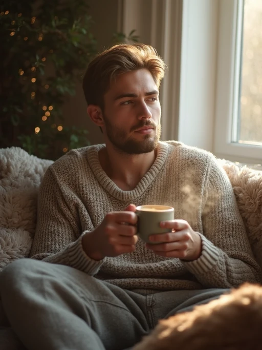 model in cozy morning routine, wearing if(gender=f){oversized cream sweater and soft pajama pants} if(gender=m){warm knit sweater and comfortable loungewear}, holding steaming coffee mug, soft natural lighting streaming through window, peaceful expression, hygge aesthetic