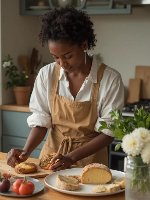 model in kitchen making breakfast, wearing if(gender=f){vintage apron over casual outfit} if(gender=m){comfortable sweater}, fresh ingredients and flowers on counter, soft morning light, slow living aesthetic