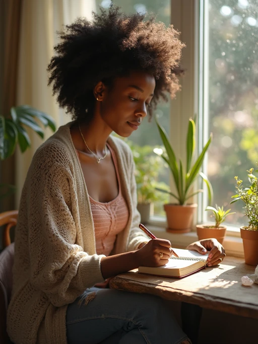 model journaling by window, wearing if(gender=f){cozy cardigan over tank top} if(gender=m){soft henley shirt}, vintage journal and pen, plants and crystals nearby, warm afternoon light, mindful moment