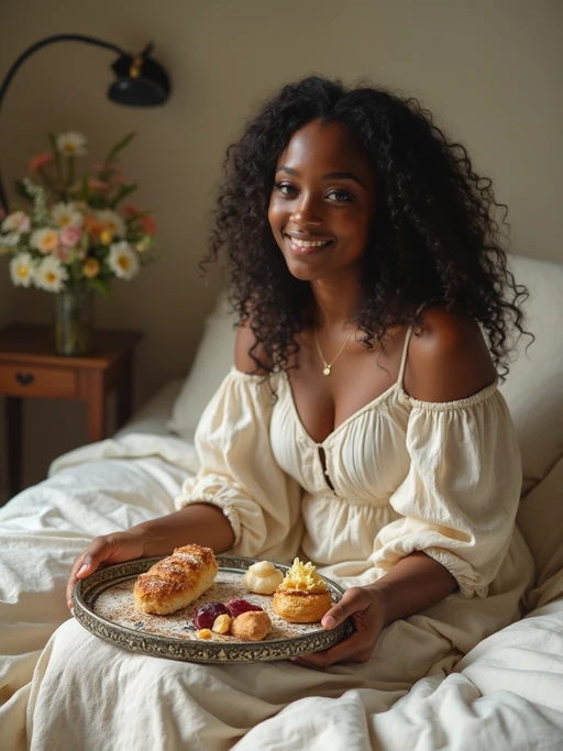 model having picnic in bedroom, wearing if(gender=f){flowy linen dress} if(gender=m){casual linen shirt and shorts}, fresh pastries and flowers on vintage tray, soft natural lighting, dreamy aesthetic