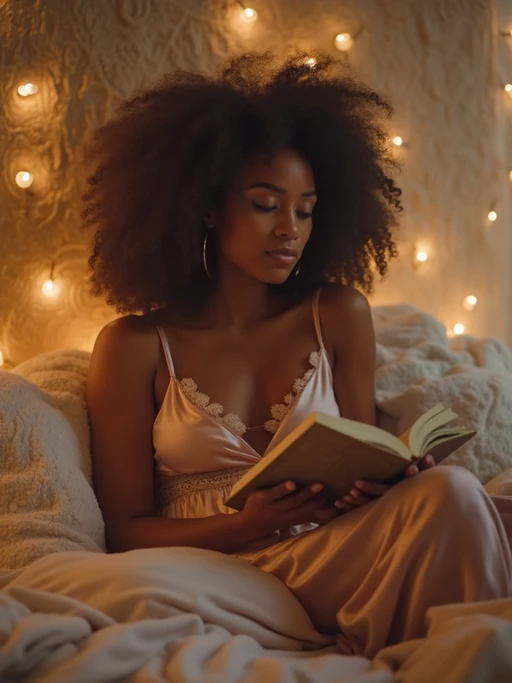 model reading book in bed, wearing if(gender=f){silk pajama set} if(gender=m){comfortable cotton sleepwear}, surrounded by soft pillows and blankets, fairy lights in background, golden hour lighting, peaceful weekend morning