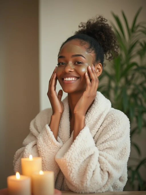 model doing skincare routine in bathroom, wearing if(gender=f){plush white robe} if(gender=m){soft cotton bathrobe}, applying face mask, surrounded by candles and plants, gentle morning light, serene spa-like atmosphere