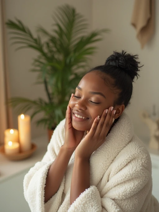 model doing skincare routine in bathroom, wearing if(gender=f){plush white robe} if(gender=m){soft cotton bathrobe}, applying face mask, surrounded by candles and plants, gentle morning light, serene spa-like atmosphere