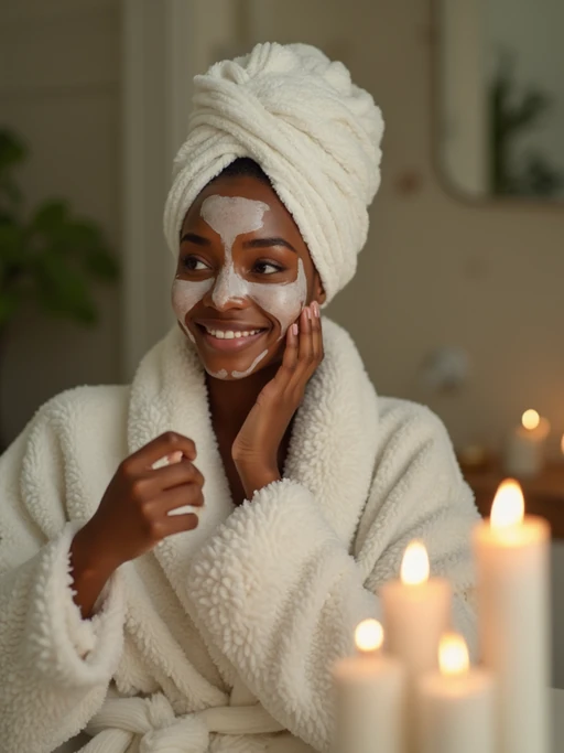 model doing skincare routine in bathroom, wearing if(gender=f){plush white robe} if(gender=m){soft cotton bathrobe}, applying face mask, surrounded by candles and plants, gentle morning light, serene spa-like atmosphere