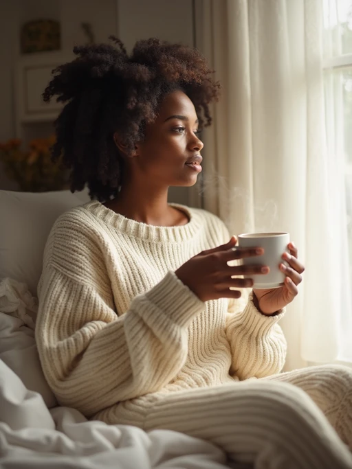 model in cozy morning routine, wearing if(gender=f){oversized cream sweater and soft pajama pants} if(gender=m){warm knit sweater and comfortable loungewear}, holding steaming coffee mug, soft natural lighting streaming through window, peaceful expression, hygge aesthetic