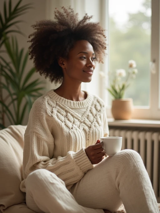 model in cozy morning routine, wearing if(gender=f){oversized cream sweater and soft pajama pants} if(gender=m){warm knit sweater and comfortable loungewear}, holding steaming coffee mug, soft natural lighting streaming through window, peaceful expression, hygge aesthetic