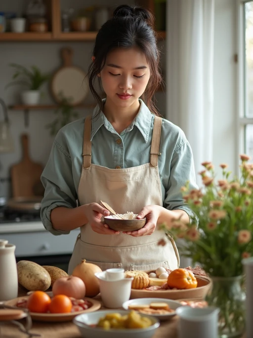 model in kitchen making breakfast, wearing if(gender=f){vintage apron over casual outfit} if(gender=m){comfortable sweater}, fresh ingredients and flowers on counter, soft morning light, slow living aesthetic