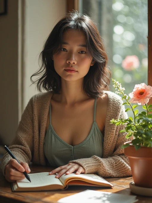 model journaling by window, wearing if(gender=f){cozy cardigan over tank top} if(gender=m){soft henley shirt}, vintage journal and pen, plants and crystals nearby, warm afternoon light, mindful moment