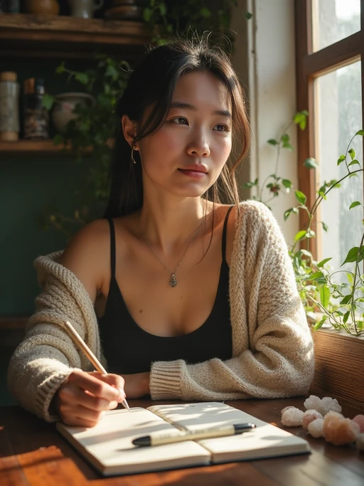 model journaling by window, wearing if(gender=f){cozy cardigan over tank top} if(gender=m){soft henley shirt}, vintage journal and pen, plants and crystals nearby, warm afternoon light, mindful moment