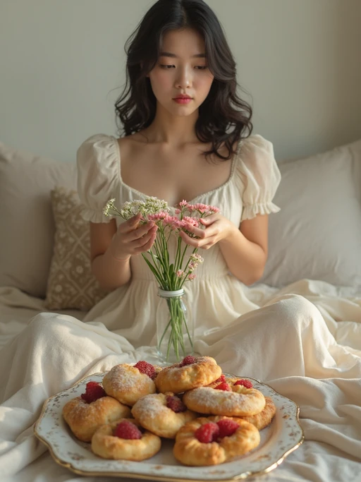 model having picnic in bedroom, wearing if(gender=f){flowy linen dress} if(gender=m){casual linen shirt and shorts}, fresh pastries and flowers on vintage tray, soft natural lighting, dreamy aesthetic