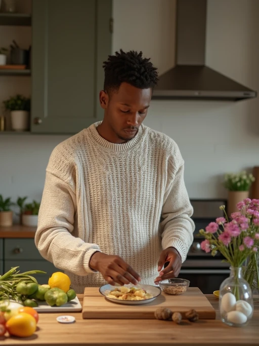 model in kitchen making breakfast, wearing if(gender=f){vintage apron over casual outfit} if(gender=m){comfortable sweater}, fresh ingredients and flowers on counter, soft morning light, slow living aesthetic